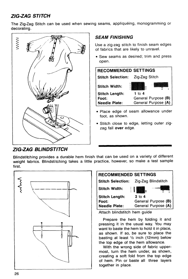 Zig-zag stitch, Seam finishing, Zig-zag blindstitch | Zig-zag stitch zig-zag blindstitch | SINGER 9113 User Manual | Page 28 / 48