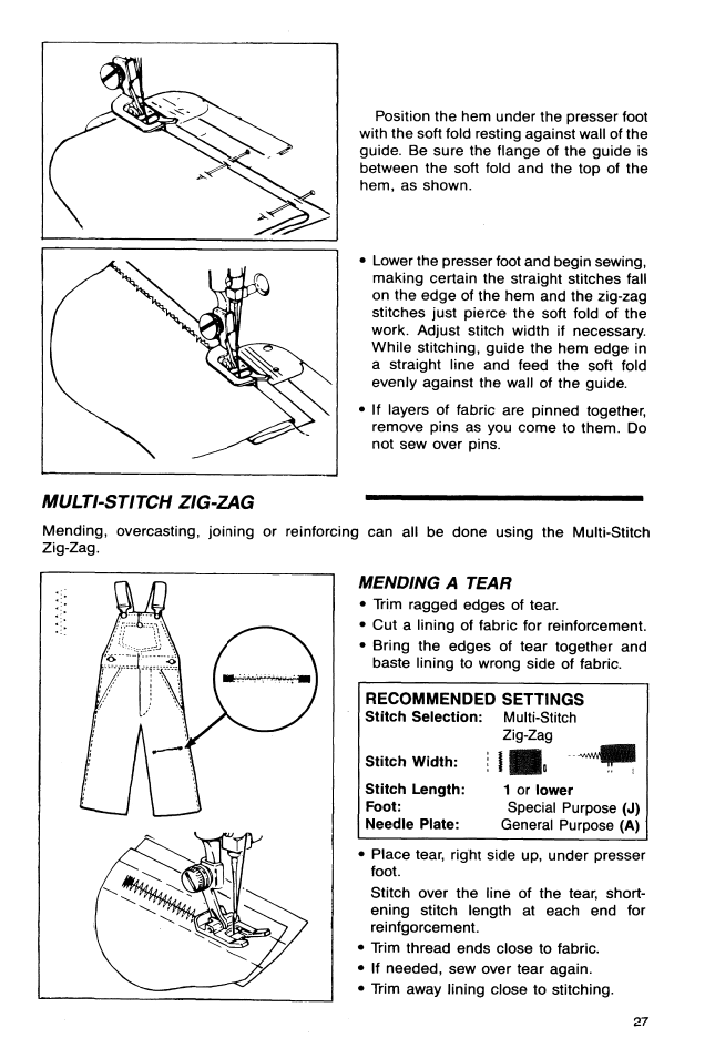 Multi-stitch zig-zag, Mending a tear, Multi stitch zig-zag | SINGER 9113 User Manual | Page 29 / 48