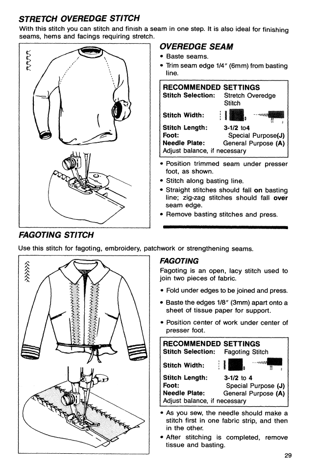 Stretch overedge stitch, Overedge seam, Fagoting stitch | Fagoting | SINGER 9113 User Manual | Page 31 / 48