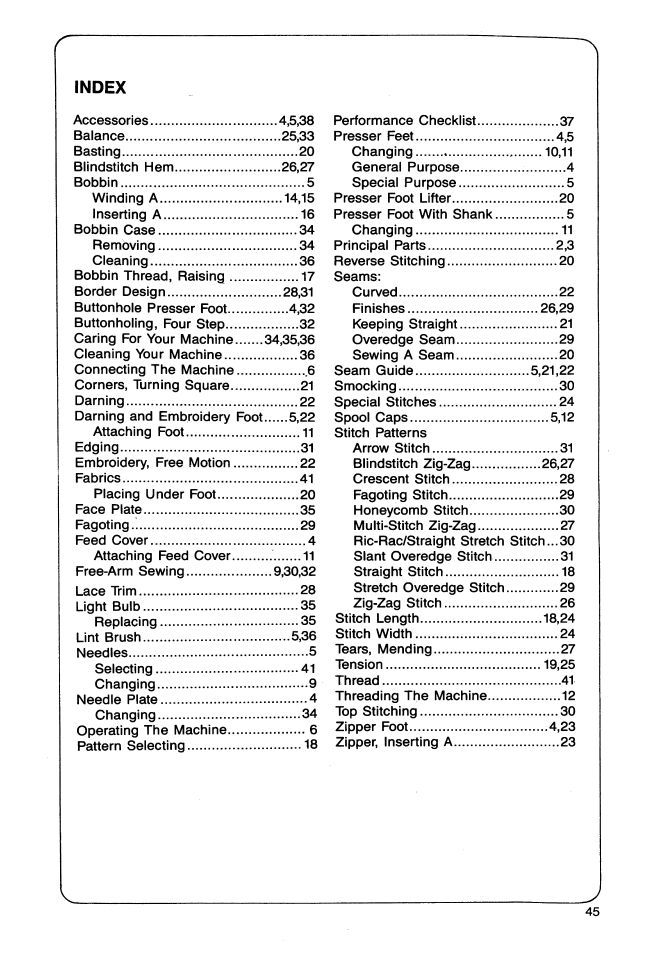 Index | SINGER 9113 User Manual | Page 47 / 48