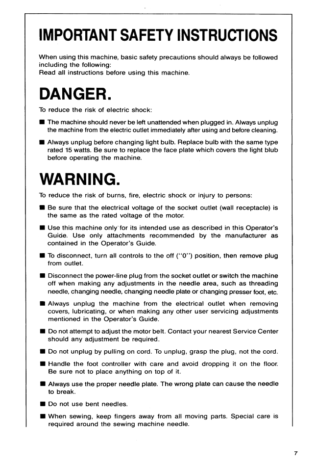 Important safety instructions, Danger, Warning | SINGER 9113 User Manual | Page 9 / 48
