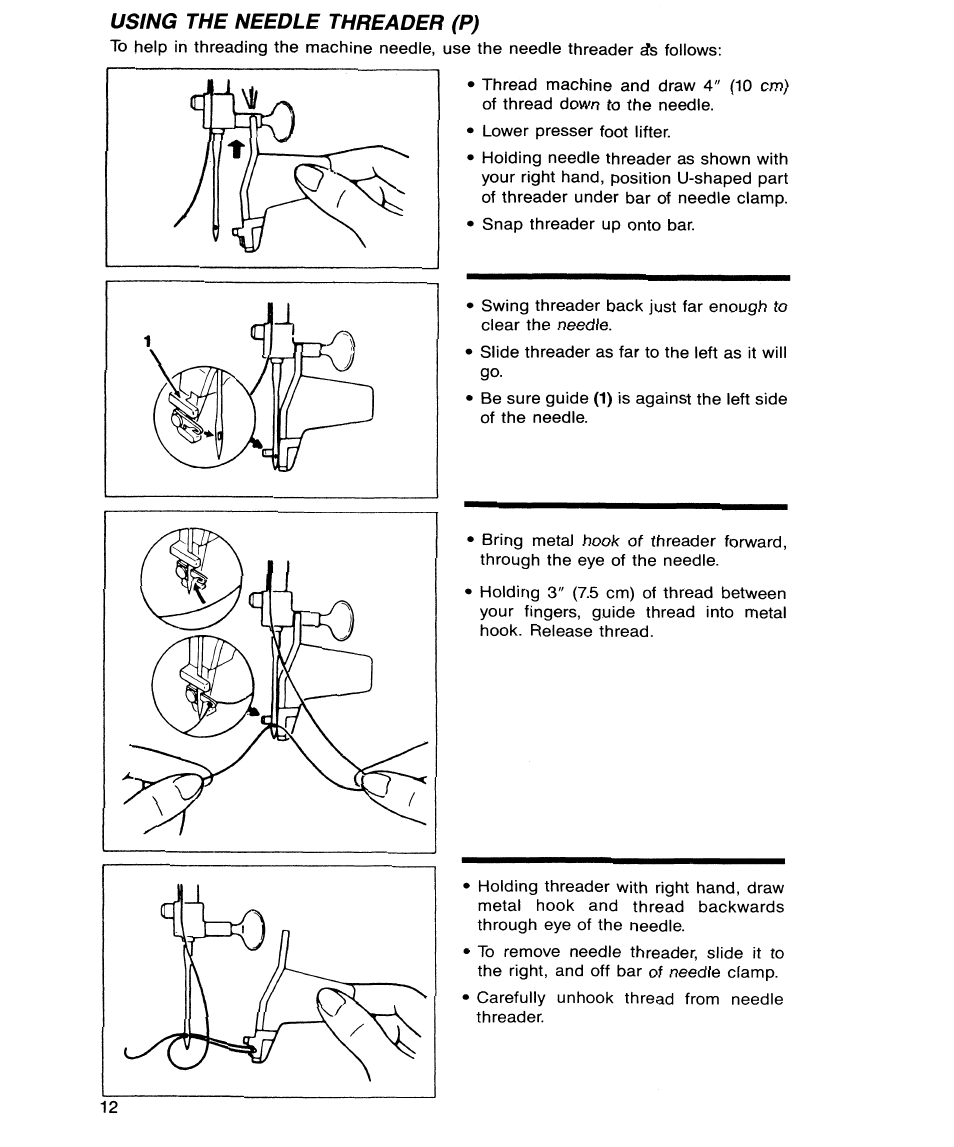 Using the needle threader (p), Using the needle threader | SINGER 9134 User Manual | Page 14 / 48