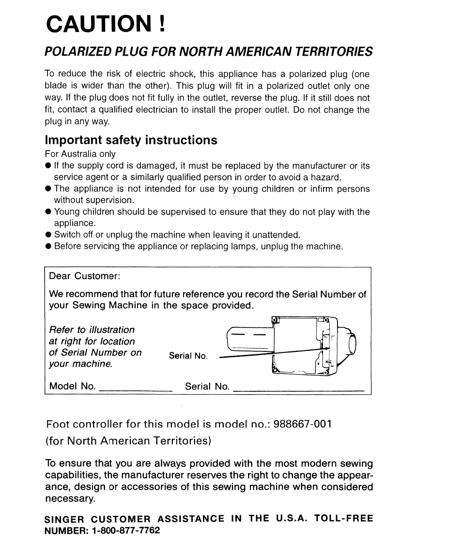 Caution, Polarized plug for north american territories, Important safety instructions | SINGER 9134 User Manual | Page 2 / 48