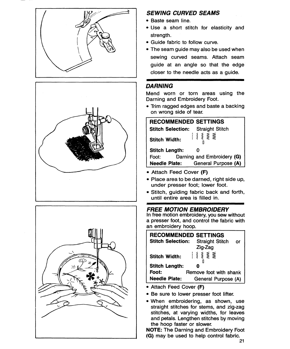 Sewing curved seams, Darning, Free motion embroidery | SINGER 9134 User Manual | Page 23 / 48