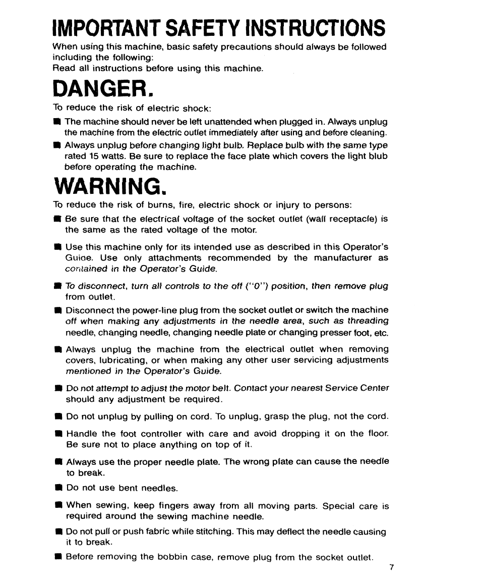 Danger, Warning, Important safety instructions | SINGER 9134 User Manual | Page 9 / 48