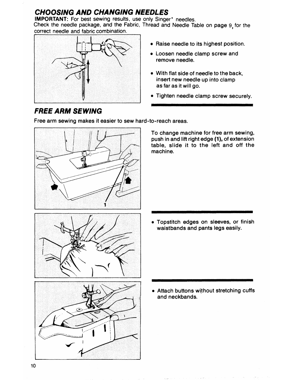 Choosing and changing needles, Free arm sewing | SINGER 7050 User Manual | Page 12 / 51