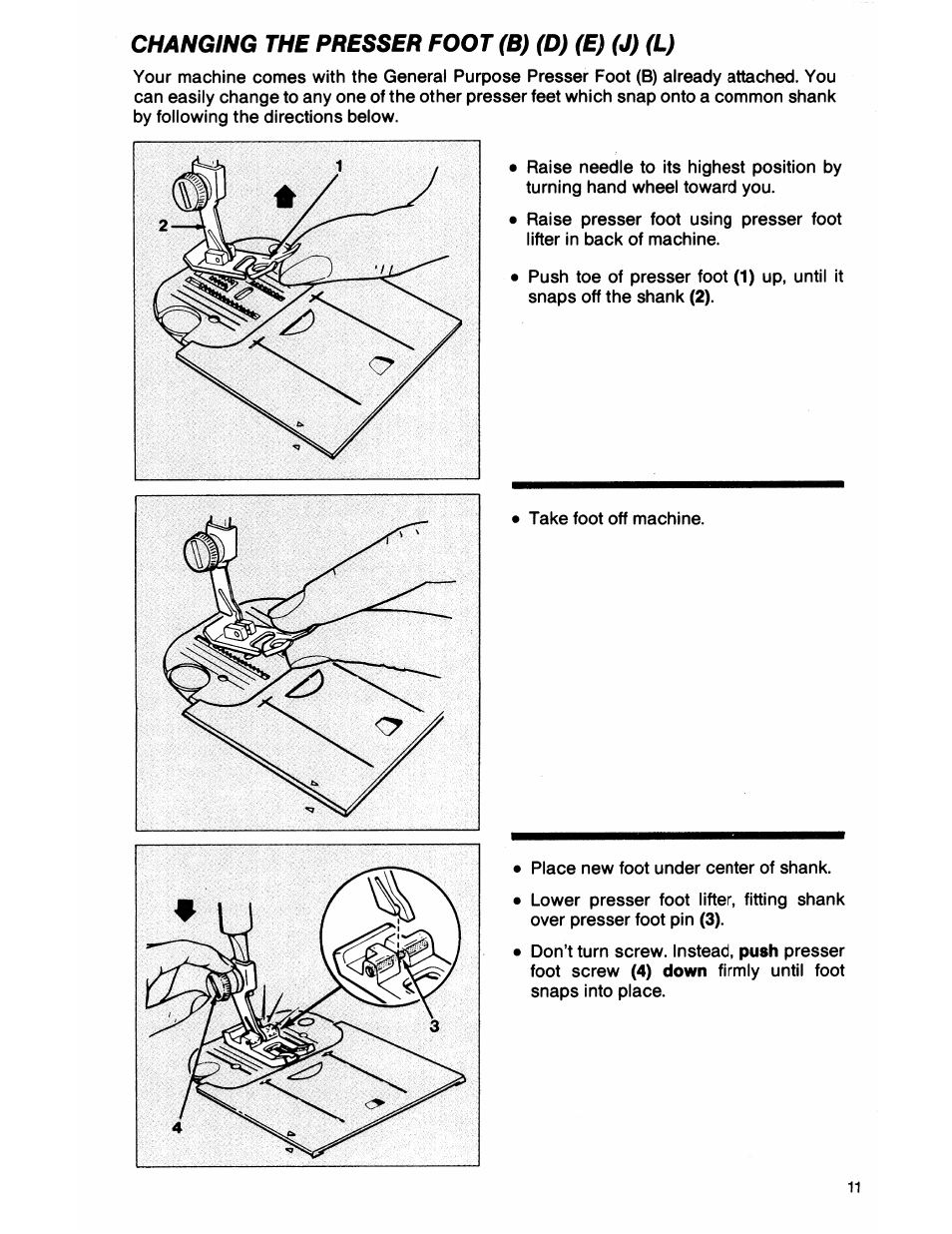 Changing the presser foot (b) (d) (e) (j) (l) | SINGER 7050 User Manual | Page 13 / 51