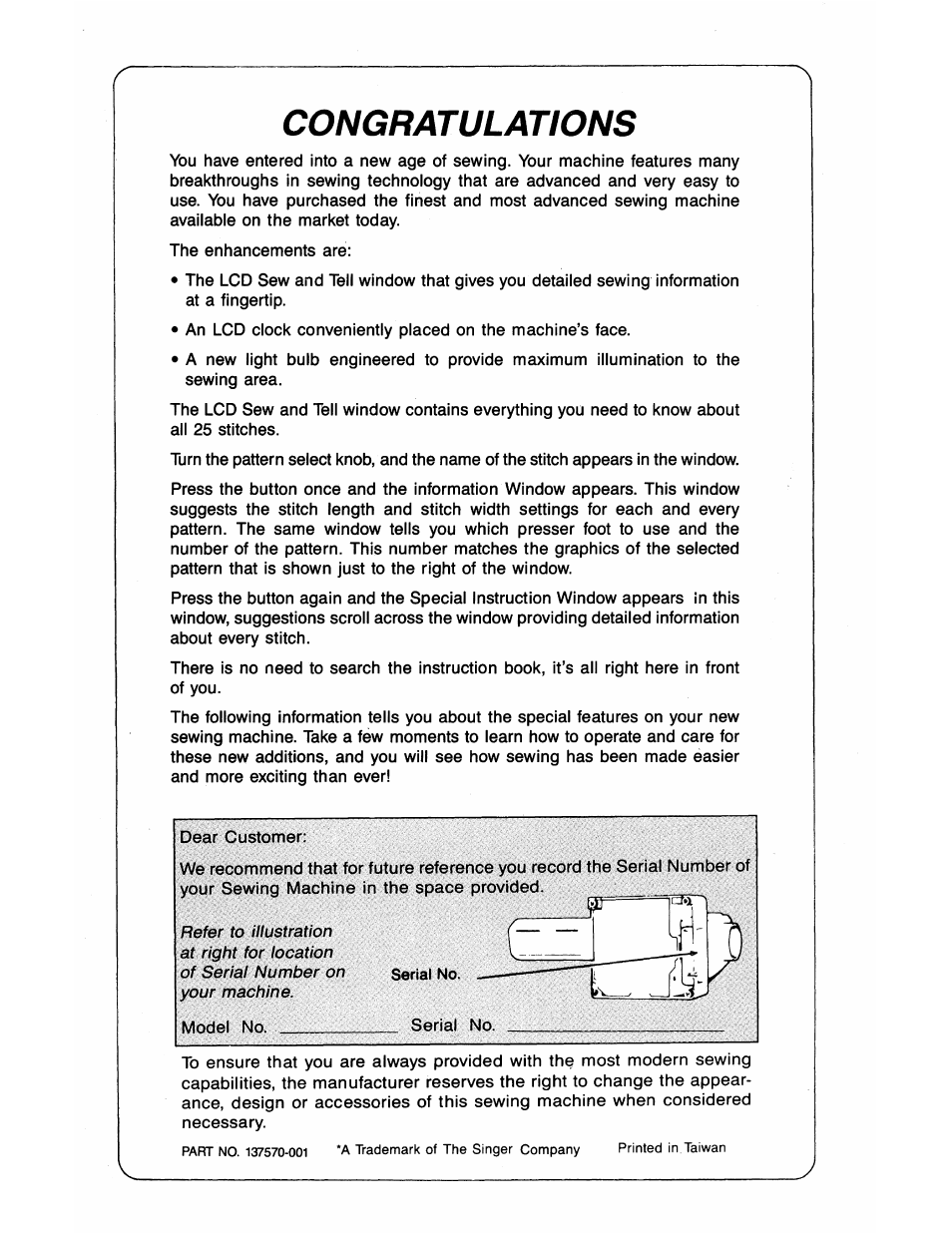 Congratulations | SINGER 7050 User Manual | Page 2 / 51