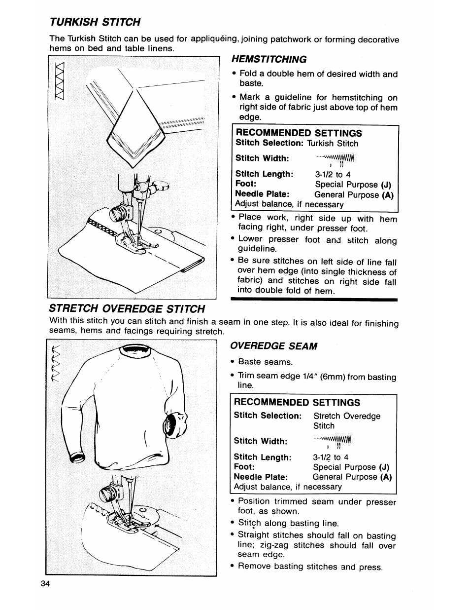 Turkish stitch, Stretch overedge stitch | SINGER 7050 User Manual | Page 36 / 51