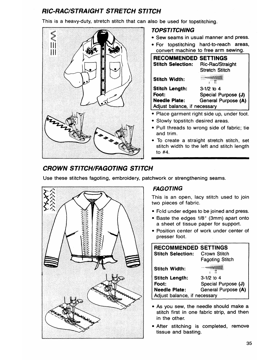 Ric-rac/straight stretch stitch, Crown stitch/fagoting stitch | SINGER 7050 User Manual | Page 37 / 51