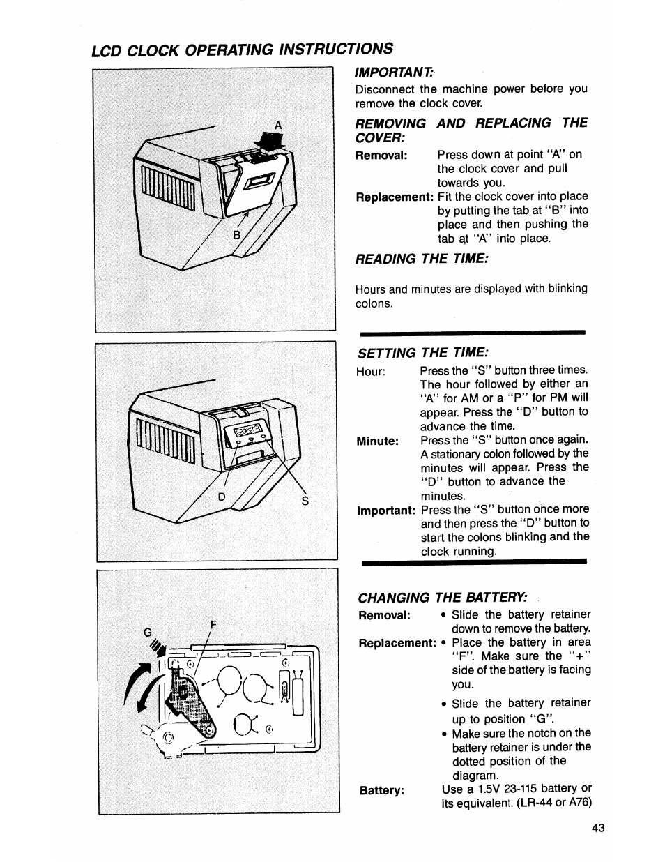 Lcd clock operating instructions, Lcd clock operation instructions | SINGER 7050 User Manual | Page 45 / 51