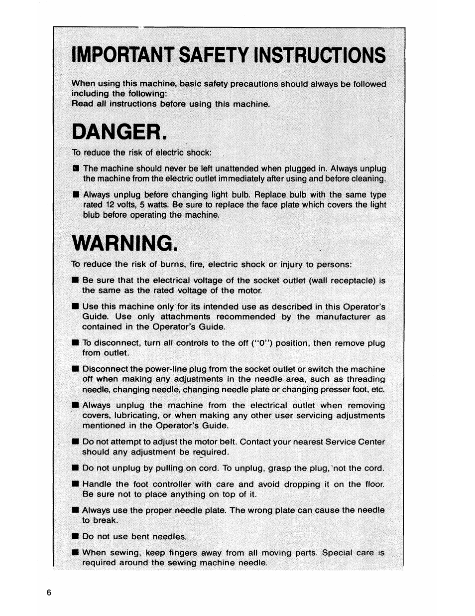 Important safety instructions, Danger, Warning | SINGER 7050 User Manual | Page 8 / 51