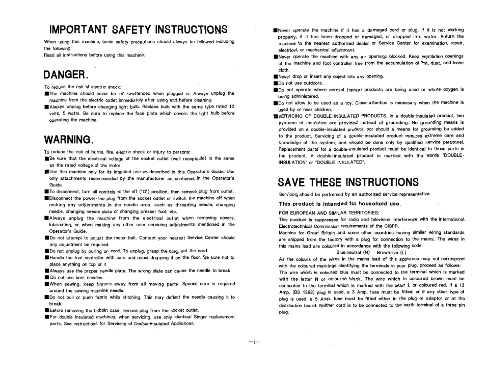 Important safety instructions, Danger, Warning | Save these instructions | SINGER 9224 User Manual | Page 3 / 32