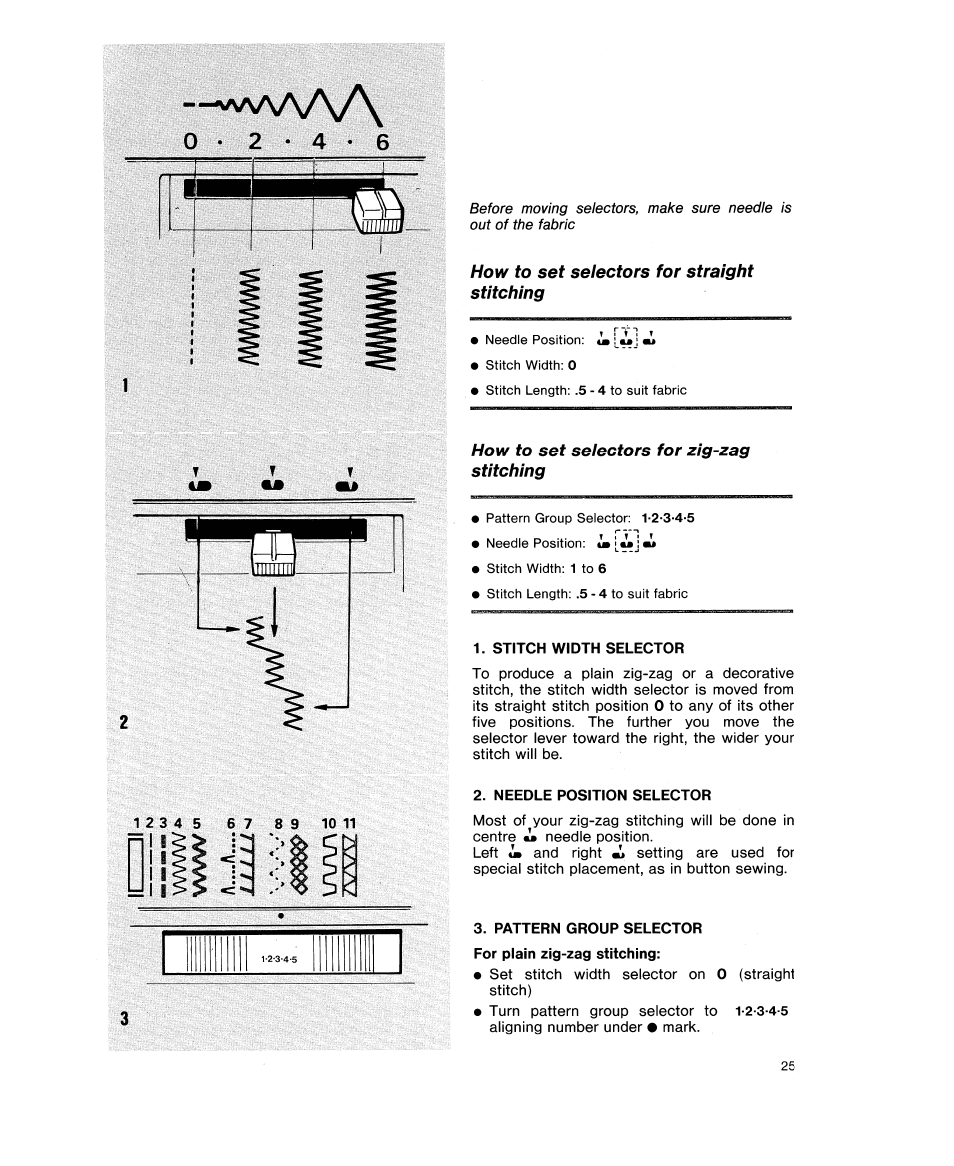 W\aaa, How to set selectors for straight stitching, How to set selectors for zig-zag stitching | SINGER 9618 User Manual | Page 27 / 74