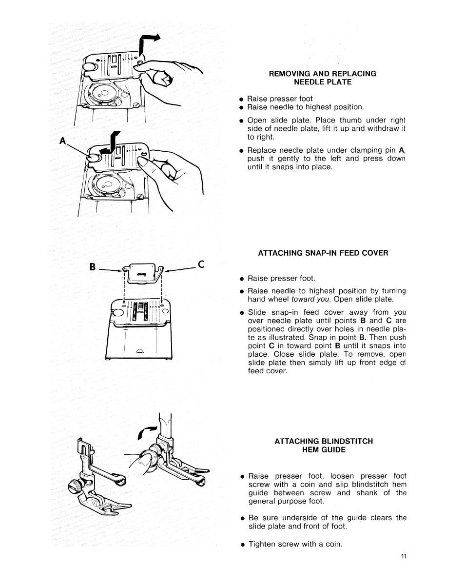 Removing and replacing needle plate, Attaching snap-in feed cover, Attaching blindstitch hem guide | SINGER 9614 User Manual | Page 13 / 76