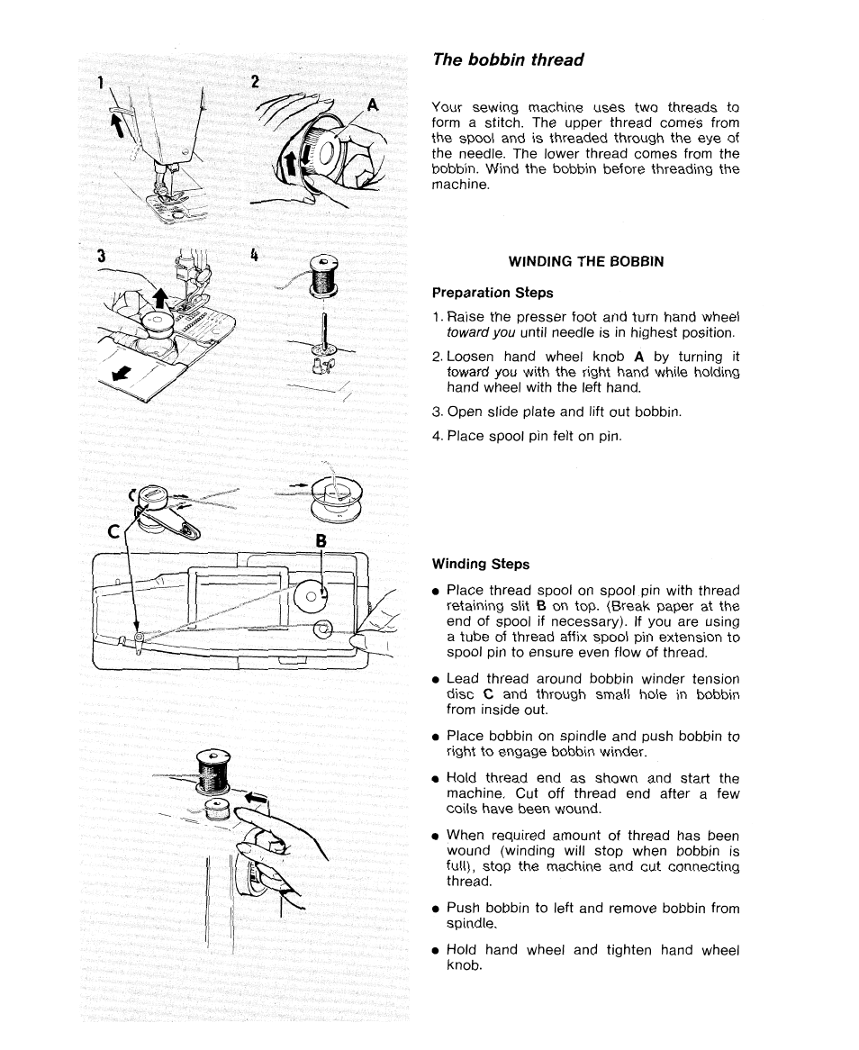 The bobbin thread, Winding the bobbin, Preparation steps | Winding steps | SINGER 9614 User Manual | Page 19 / 76