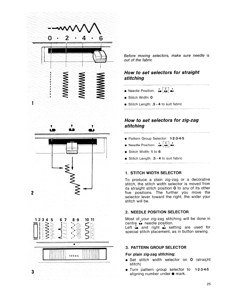 How to set selectors for straight stitching, How to set selectors for zig-zag stitching, Stitch width selector | Needle position selector, Pattern group selector | SINGER 9614 User Manual | Page 27 / 76