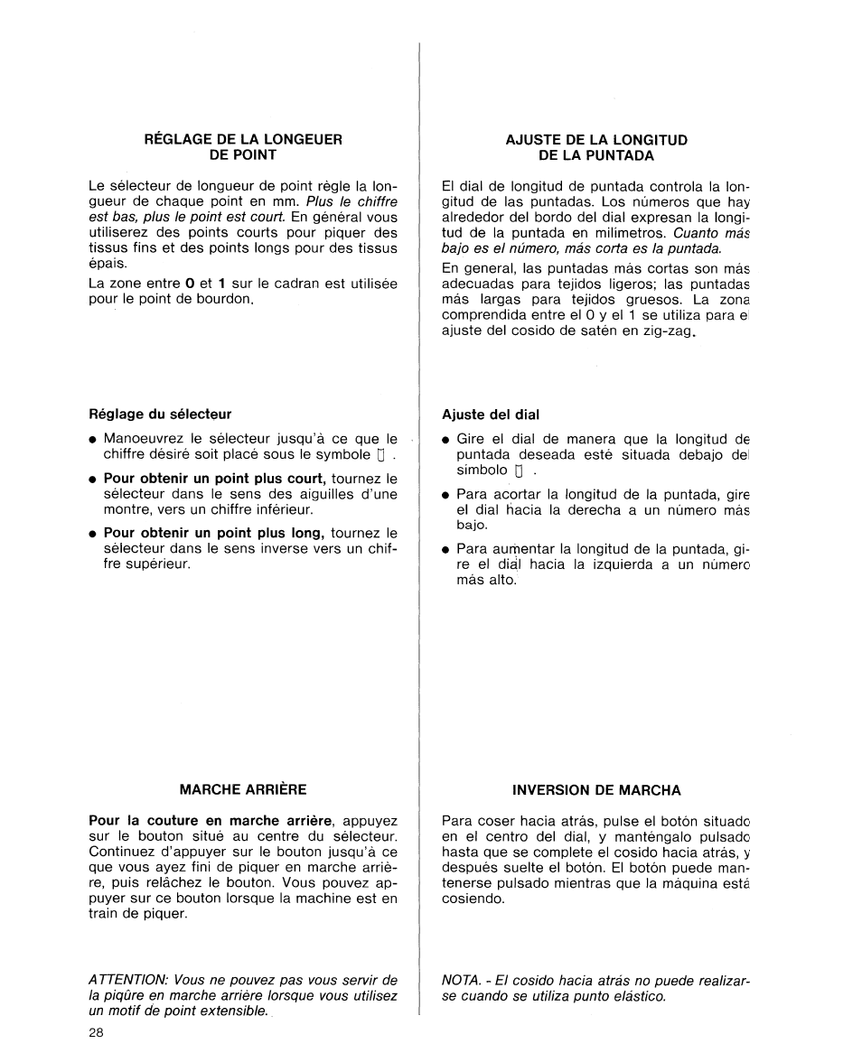 Reglage de la longeuer de point, Réglage du sélecteur, Marche arrière | Ajuste de la longitud de la puntada, Ajuste del dial, Inversion de marcha, Réglage de la longueur du point marche arriére | SINGER 9614 User Manual | Page 30 / 76