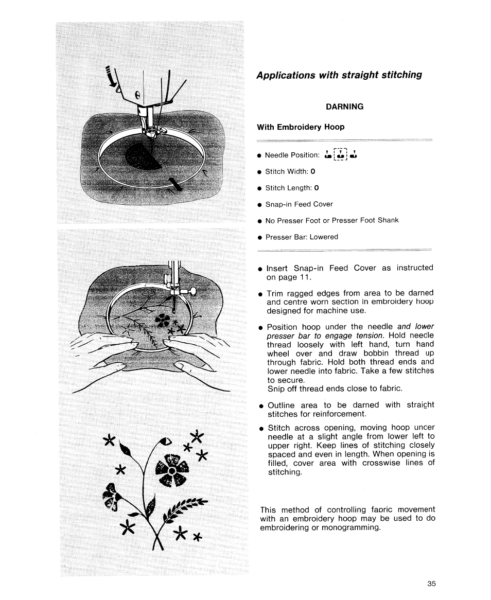 Applications with straight stitching, Darning, With embroidery hoop | SINGER 9614 User Manual | Page 37 / 76
