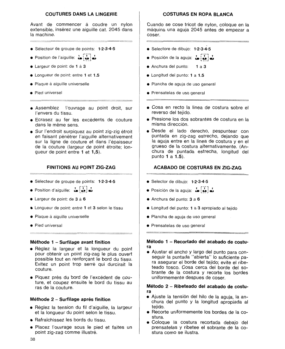 Coutures dans la lingerie, Finitions au point zig-zag, Méthode 1 - surfilage avant finition | Méthode 2 - surfilage après finition, Costuras en ropa blanca, Acabado de costuras en zig-zag | SINGER 9614 User Manual | Page 40 / 76