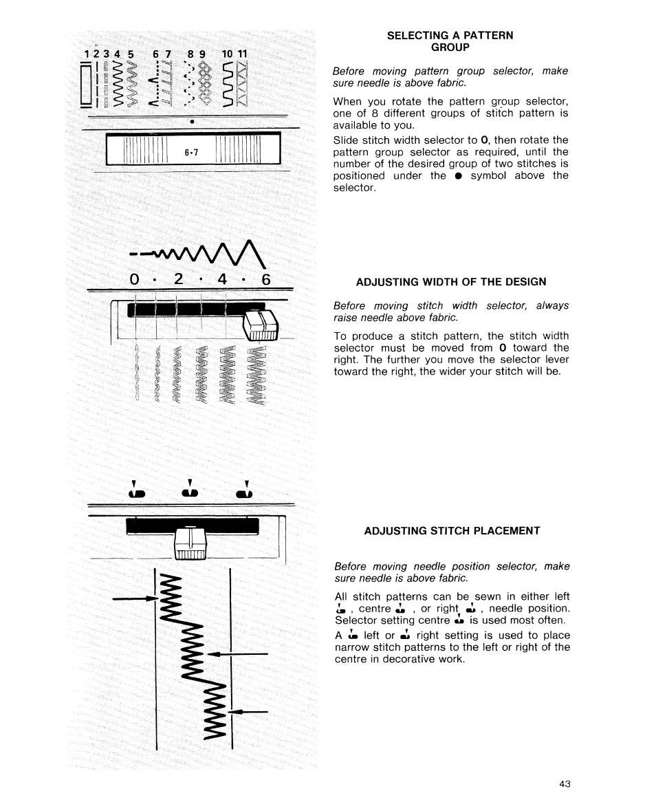 Selecting a pattern group, Adjusting width of the design, Adjusting stitch placement | SINGER 9614 User Manual | Page 45 / 76