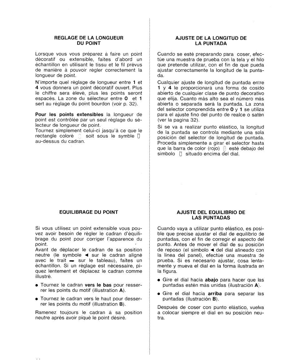 Reglage de la longueur du point, Equilibrage du point, Ajuste de la longitud de la puntada | Ajuste del equilibrio de las puntadas, Ajuste del equilibrio de la puntada | SINGER 9614 User Manual | Page 46 / 76