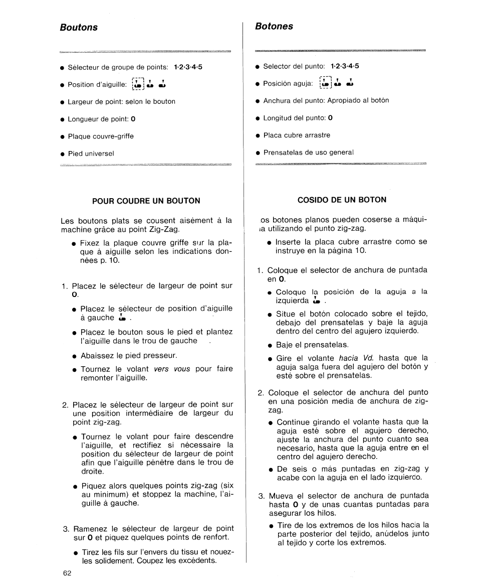 Pour coudre un bouton, Cosido de un boton, Boutons | Botones | SINGER 9614 User Manual | Page 64 / 76