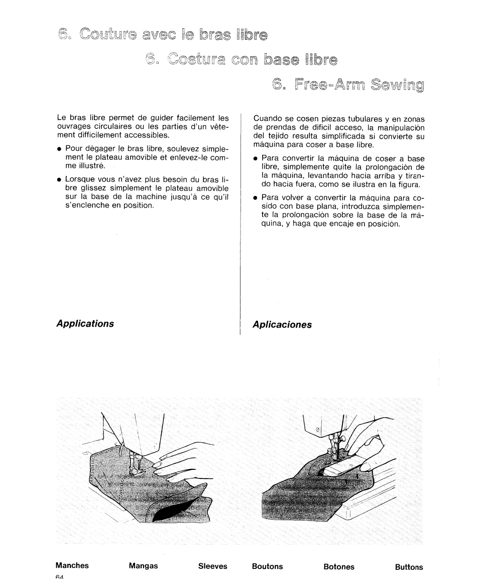 Aplicaciones, Manches, Mangas | Sleeves, Boutons, Botones, Buttons, Applications | SINGER 9614 User Manual | Page 66 / 76