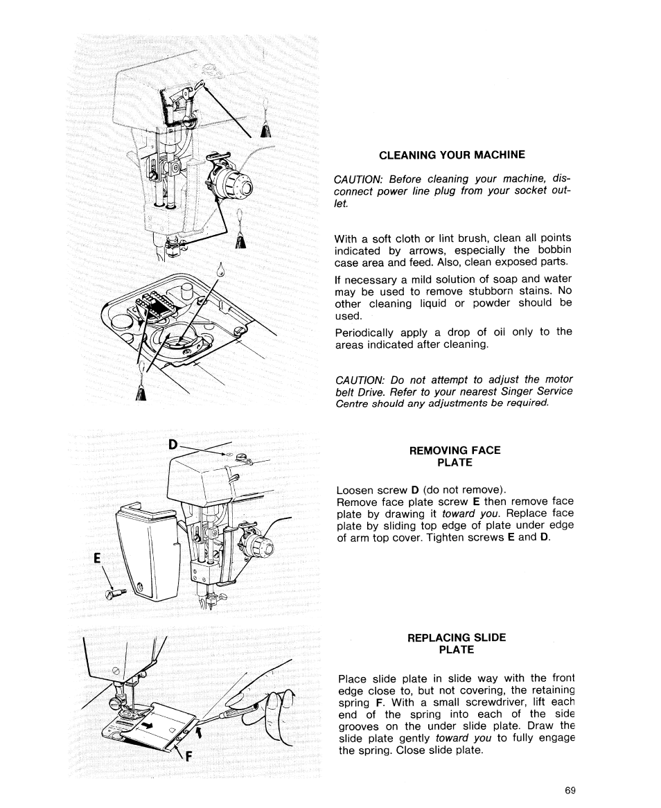 Cleaning your machine, Removing face plate, Replacing slide plate | Caring for your machine ,71 | SINGER 9614 User Manual | Page 71 / 76