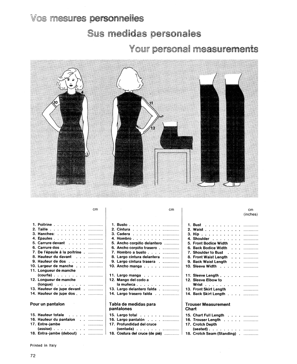 Ures personnelles persona! measurements | SINGER 9614 User Manual | Page 74 / 76