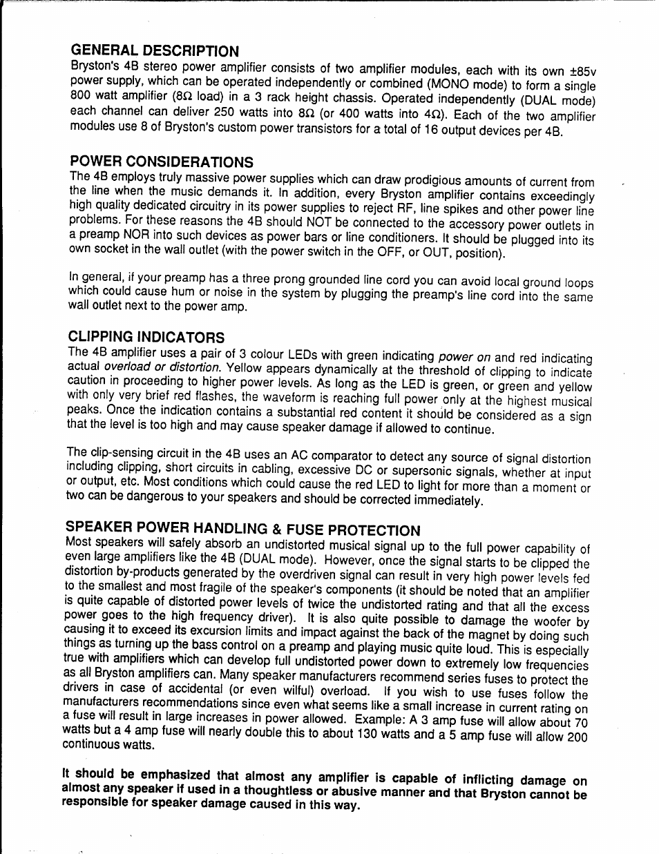 General description, Power considerations, Clipping indicators | Speaker power handling & fuse protection | Bryston OBSOLETE 4B NRB User Manual | Page 2 / 4