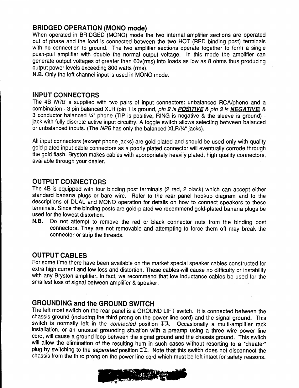 Bridged operation (mono mode), Input connectors, Output connectors | Output cables, Grounding and the ground switch | Bryston OBSOLETE 4B NRB User Manual | Page 3 / 4