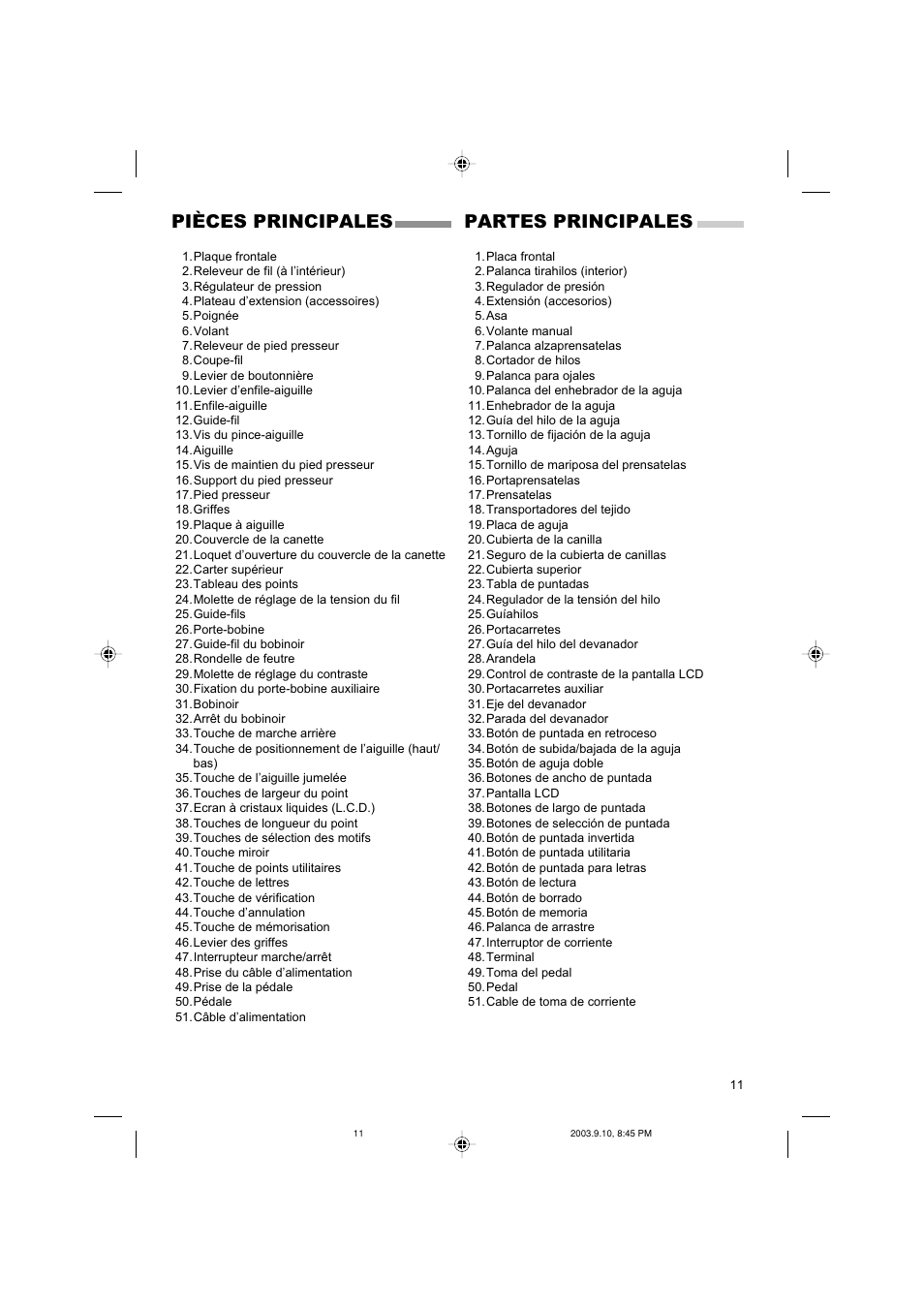 Pièces principales, Partes principales | SINGER 9910 Quantum User Manual | Page 11 / 80