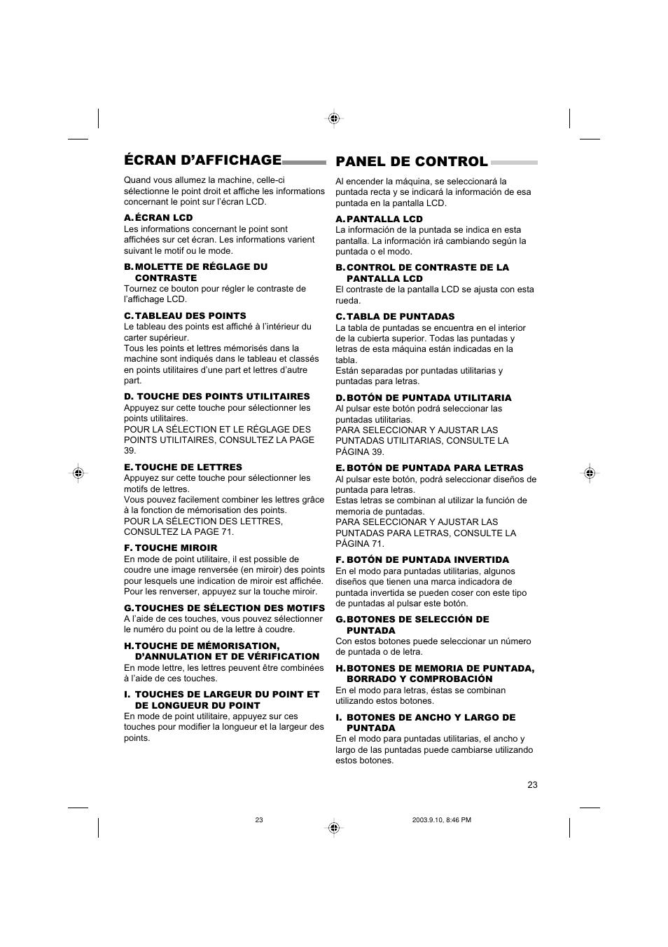 Écran d’affichage, Panel de control | SINGER 9910 Quantum User Manual | Page 23 / 80