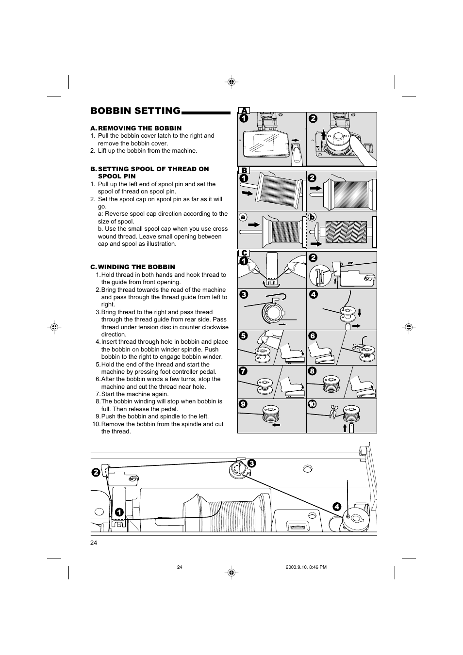 Bobbin setting | SINGER 9910 Quantum User Manual | Page 24 / 80