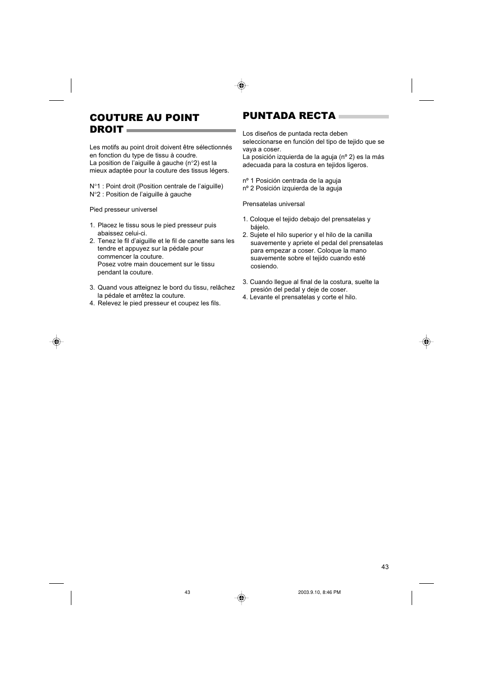 Couture au point droit, Puntada recta | SINGER 9910 Quantum User Manual | Page 43 / 80