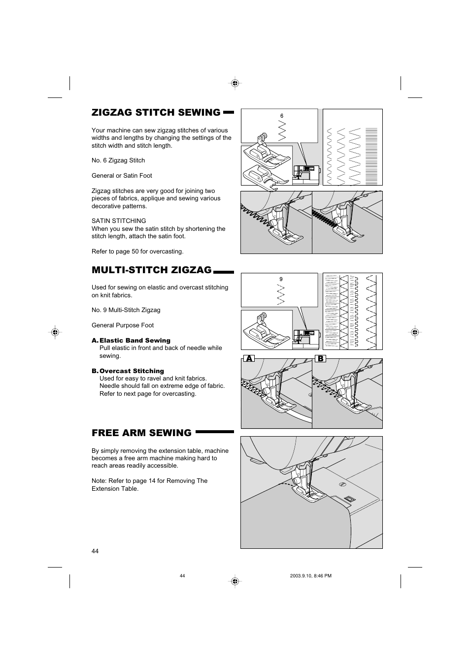 Zigzag stitch sewing, Multi-stitch zigzag, Free arm sewing | SINGER 9910 Quantum User Manual | Page 44 / 80