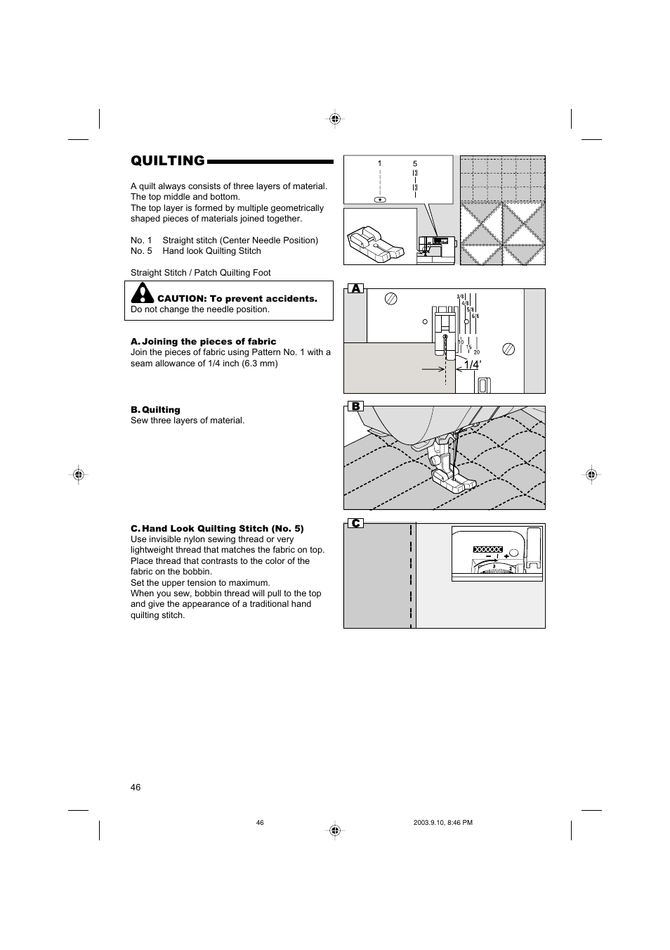 Quilting | SINGER 9910 Quantum User Manual | Page 46 / 80