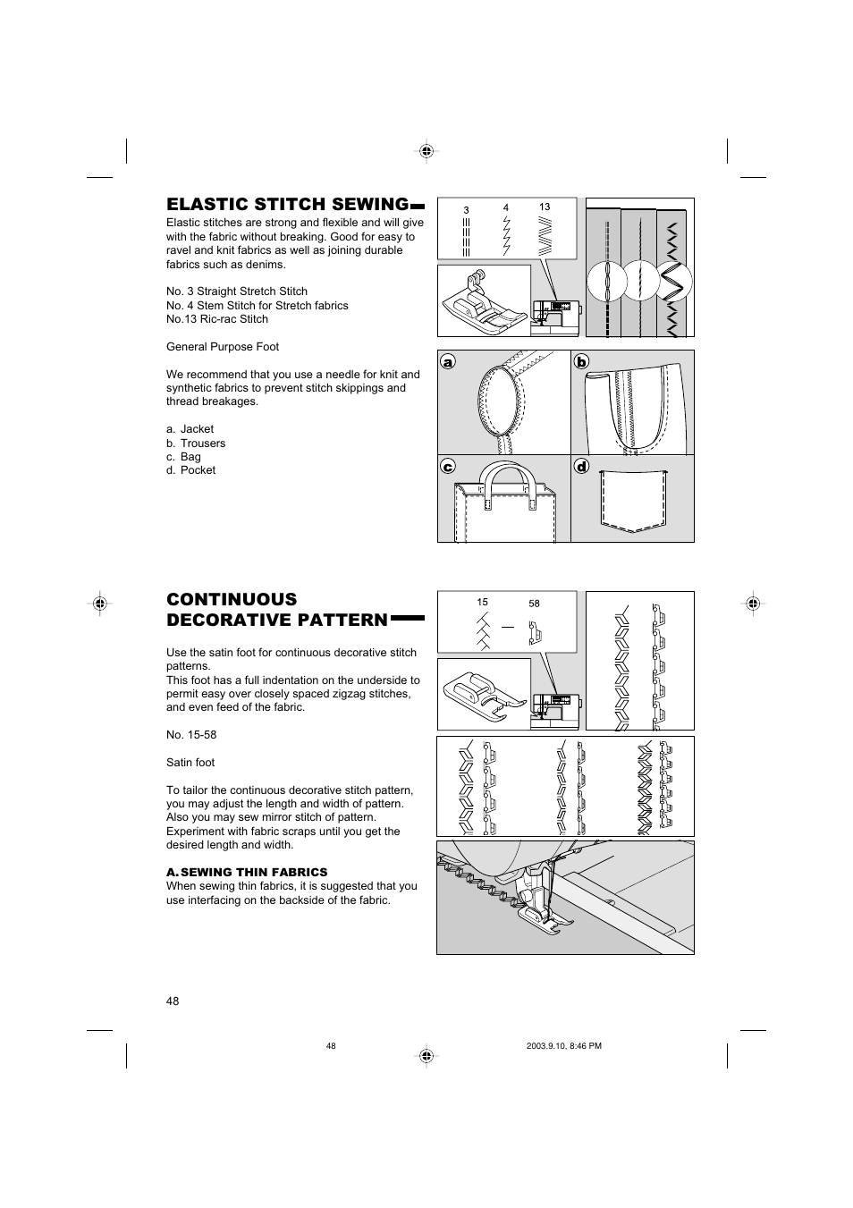 Elastic stitch sewing, Continuous decorative pattern | SINGER 9910 Quantum User Manual | Page 48 / 80