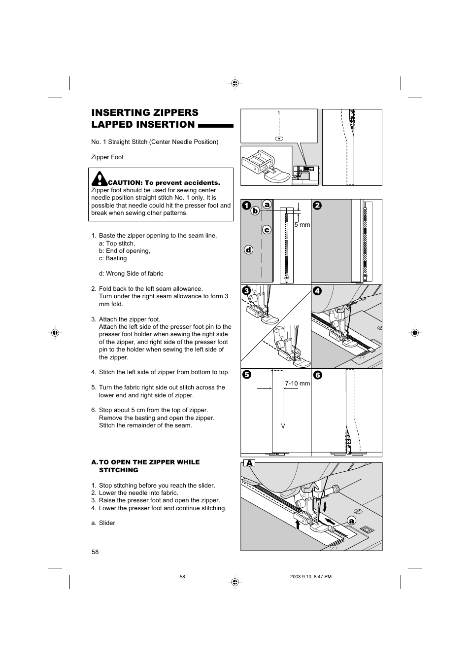 Inserting zippers lapped insertion | SINGER 9910 Quantum User Manual | Page 58 / 80