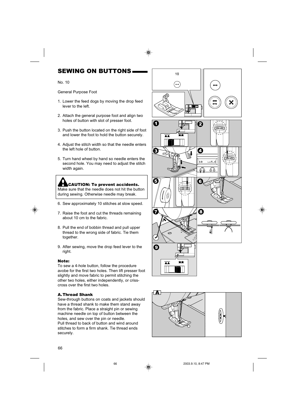 Sewing on buttons | SINGER 9910 Quantum User Manual | Page 66 / 80