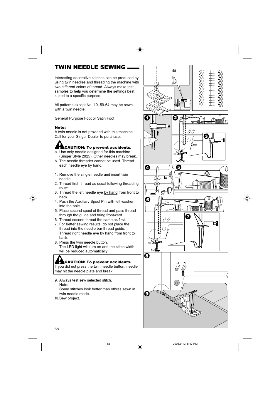 Twin needle sewing | SINGER 9910 Quantum User Manual | Page 68 / 80
