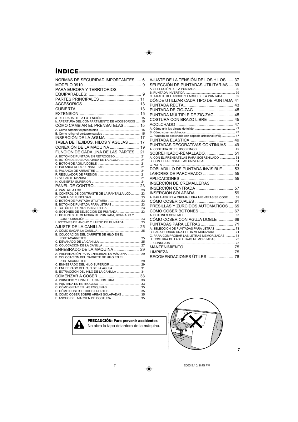 Índice | SINGER 9910 Quantum User Manual | Page 7 / 80