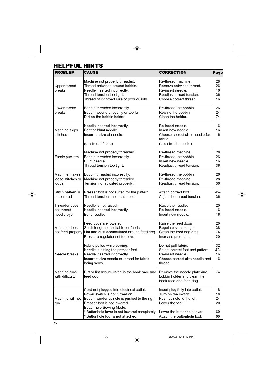 Helpful hints | SINGER 9910 Quantum User Manual | Page 76 / 80