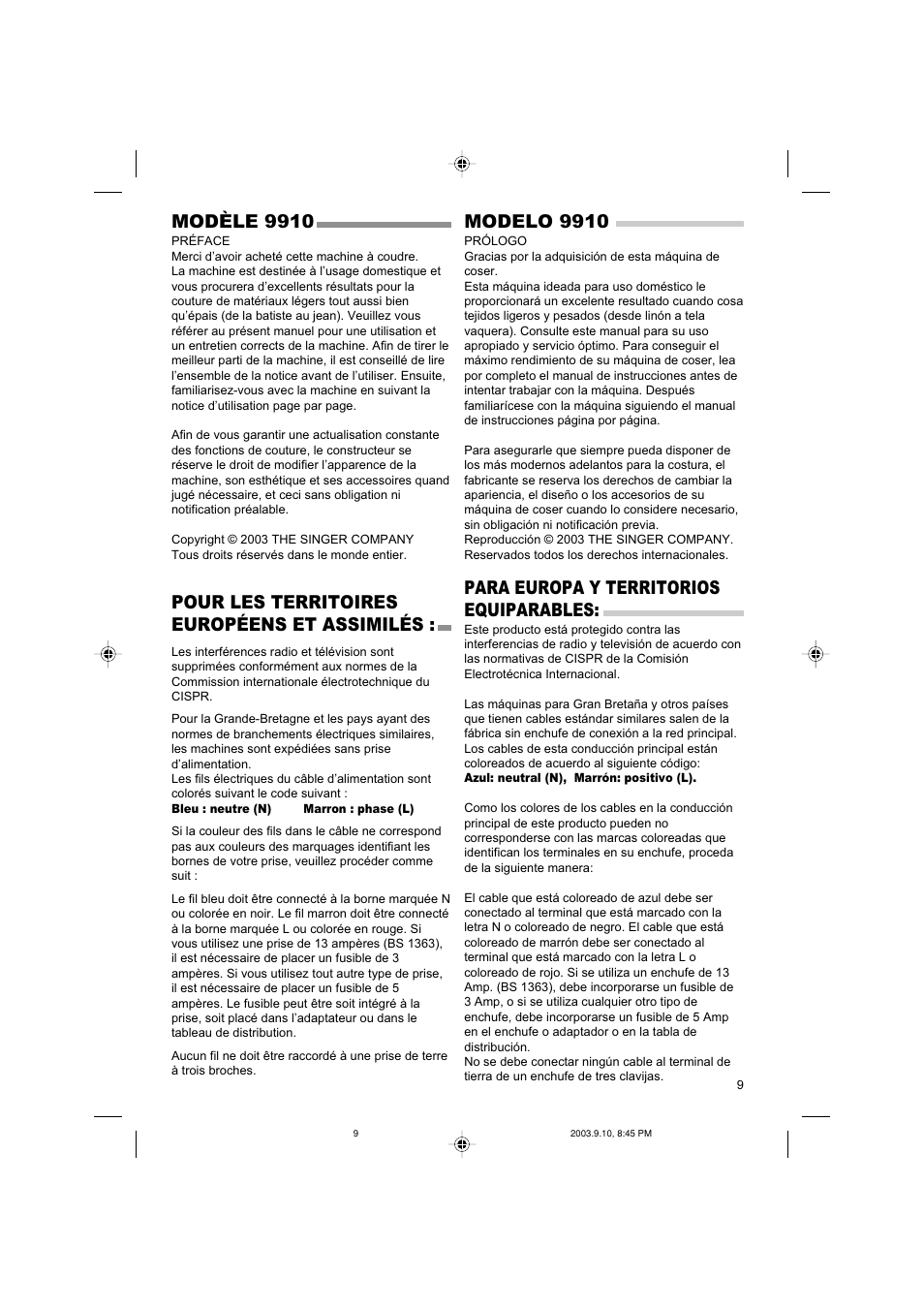 Modèle 9910, Pour les territoires européens et assimilés, Modelo 9910 | Para europa y territorios equiparables | SINGER 9910 Quantum User Manual | Page 9 / 80