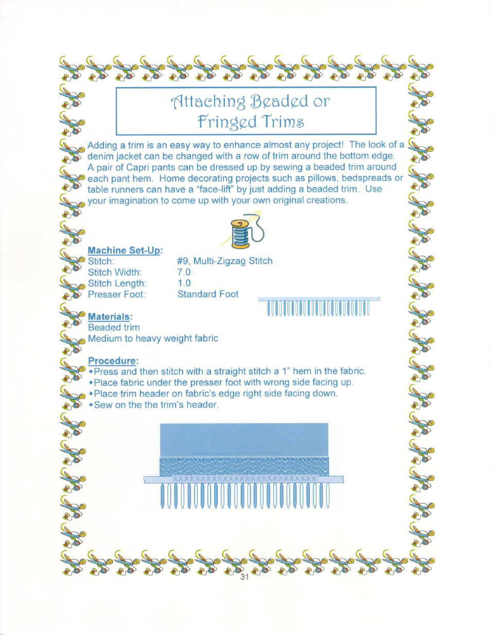 Flttaehing ©iz;adiz;d or fringod trims, Machine set-up, Materials | SINGER 9910-WORKBOOK Quantum User Manual | Page 42 / 64