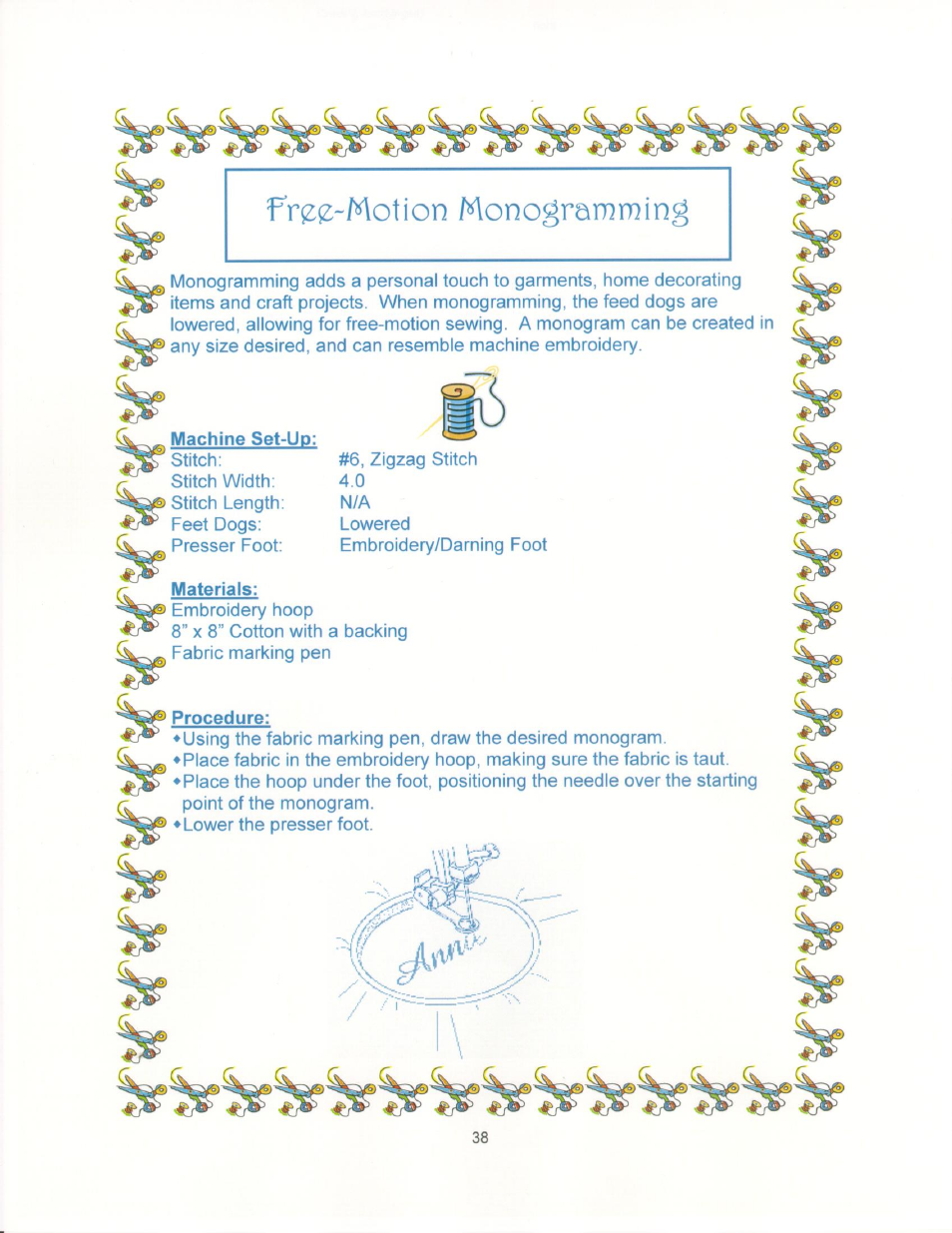 Fto-motion mono^rammin, Machine set-up, Materials | SINGER 9910-WORKBOOK Quantum User Manual | Page 49 / 64