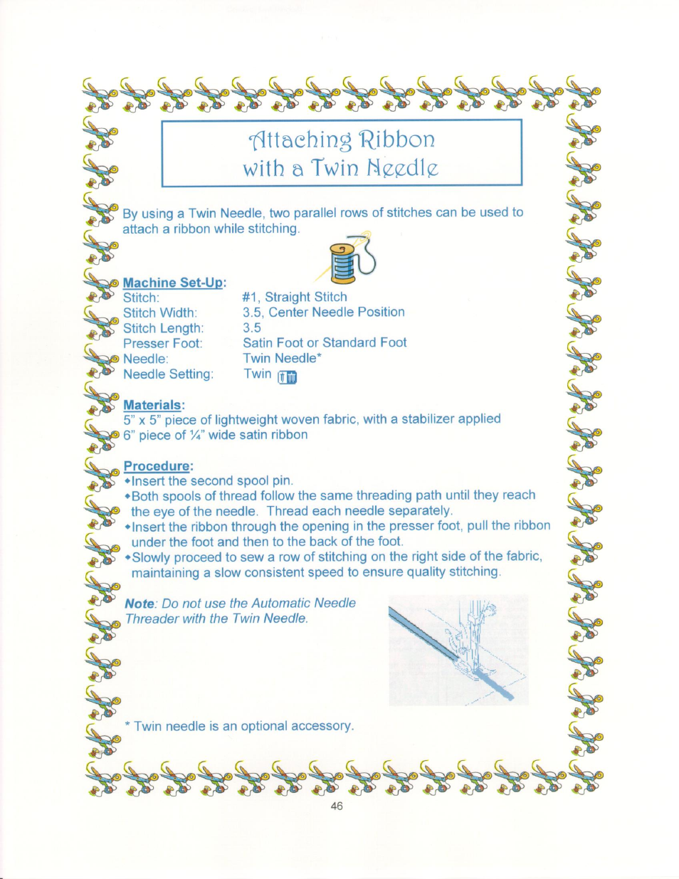 Flttaebing ribbon with a twin noodlo, Machine set-up, Materials | Procedure | SINGER 9910-WORKBOOK Quantum User Manual | Page 57 / 64