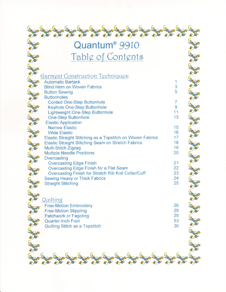 Quantum® 9910 table of contents, Garment conslruetion tgehnigugs | SINGER 9910-WORKBOOK Quantum User Manual | Page 6 / 64