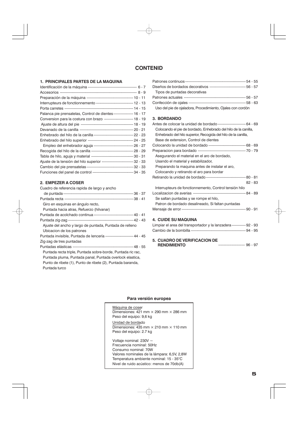 Contenid | SINGER CE-100 Futura User Manual | Page 5 / 100